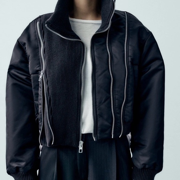 Zara Jackets & Blazers - NWT!! ZARA NAVY PINSTRIPE COMBINED BOMBER JACKET MULTI ZIP PADDED S